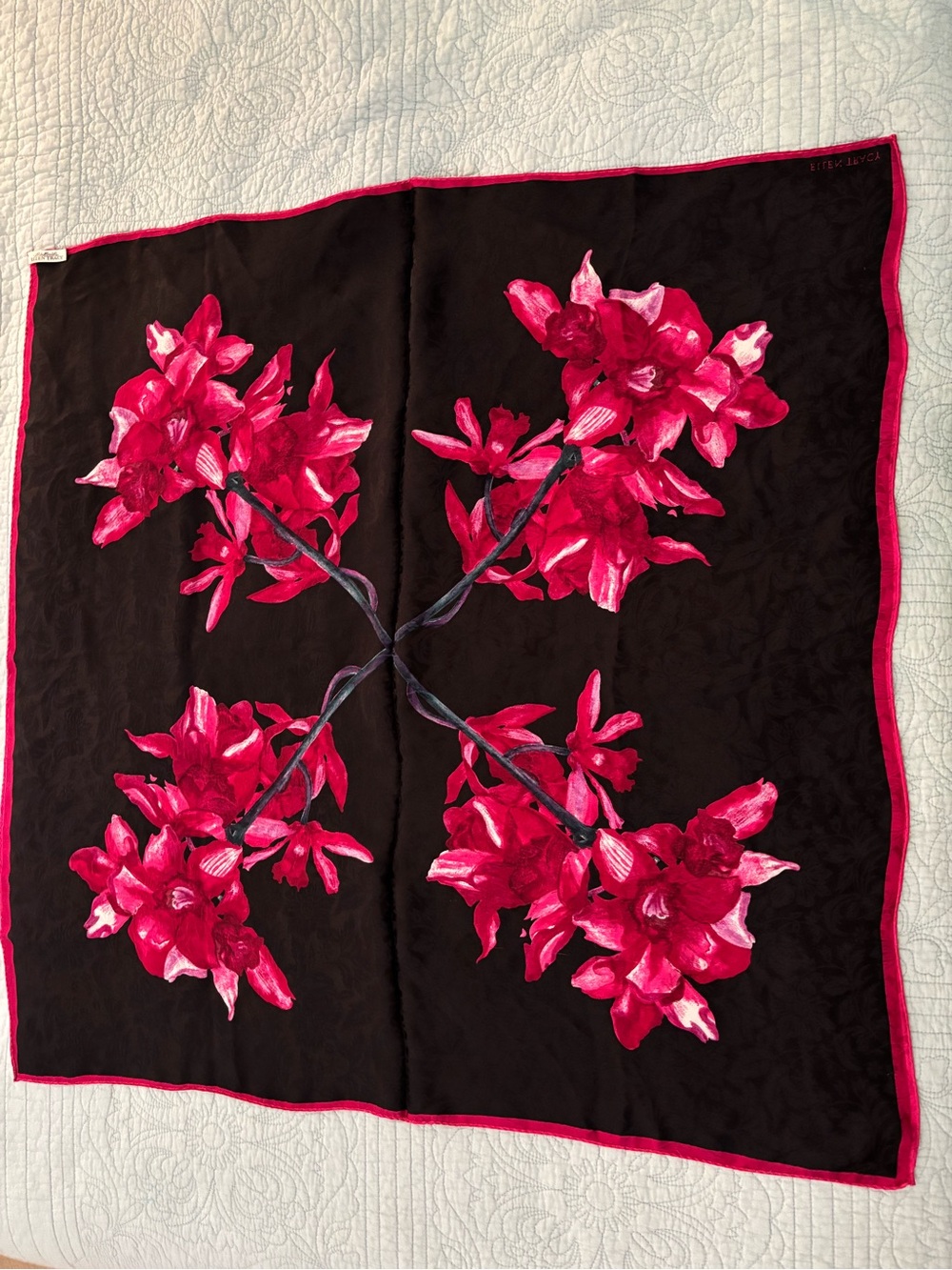 Ellen Tracy 100% silk large square scarf - pink & black - 34” x 34”